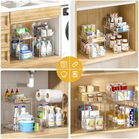 Delamu 2-Tier Under Sink Organizers and Storage, Multi-Purpose Stackable Bathroom Cabinet organizers, Pull Out Kitchen Pantry Organization and Storage with Dividers(4 Pack, Clear) - Image 4