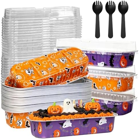 100Pack Halloween Mini Cake Pans Disposable Mini Loaf Pans with Lids and Spoons, 6.8Oz Aluminum Foil Pans Tins, Individual Dessert Cups Containers for Sales,Party,Picnics by ylnurac