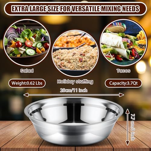 Nuogo 4 Pcs Stainless Steel Mixing Bowls Metal Mixing Bowls Extra Large Basin Salad Basin Deeper Edge Dishwasher Safe Mirror Finish for Home and Commercial, Silver (11 Inch 3.4 Qt) - Image 2
