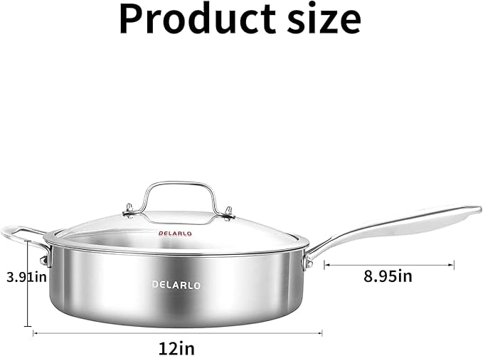 DELARLO Tri-Ply Stainless Steel 7QT Jumbo Cooker Saute Pan With Lid, 12.5 Inch Deep Frying Pan, Induction Large Skillet, Cooker Pan for Chefs, Dishwasher & Oven Safe - Image 3