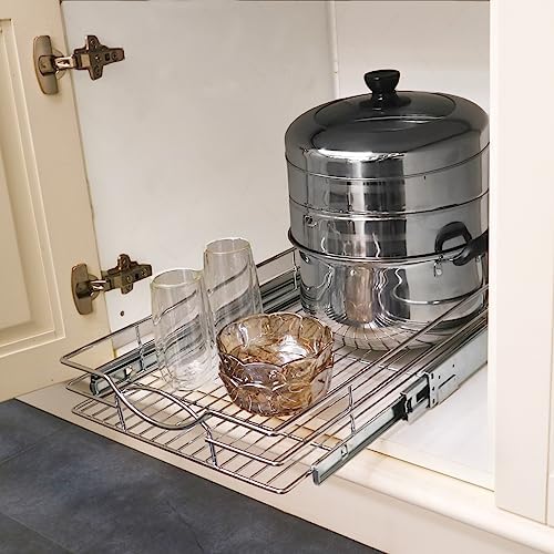 Sikarou Pull Out Cabinet Organizer 11" W x 21" D, Heavy Duty Kitchen Cabinet Pull Out Shelves, Slide Out Wire Basket for Kitchen Cabinets, Bathroom, Pantry, Chrome Finish - Image 5