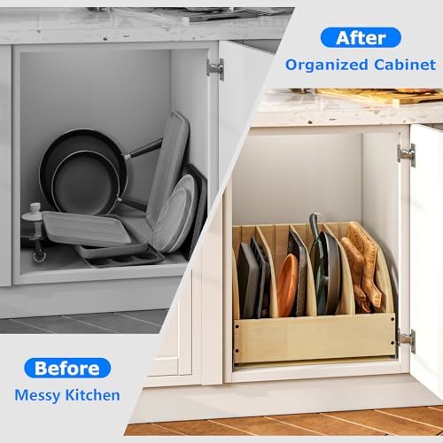 WelFurGeer Birchwood Pot and Pan Organizer with Soft-Close Drawer, Pull Out Cabinet Organizer, Heavy-Duty Slide-Out Storage for Baking Sheets, Cutting Boards, and Kitchen Utensils - Image 3