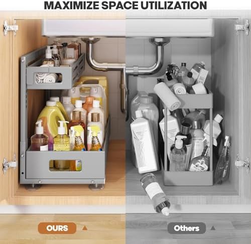 2 Pack 21IN-Depth Under Sink Organizer,Pull Out Cabinet Organizer With Smooth Cylindrical Rail,Metal Slide Out Drawer for Kitchen Bathroom Laundry,8-Level Tool Free Height Adjustable-Gun Gray - Image 6