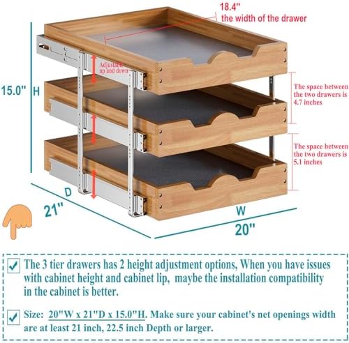 OCG Pull Out Cabinet Drawer 20" W x 21" D, 3 Tier Pull Out Cabinet Organizer, Heavy-Duty Slide Out Drawer for Cabinets, Organization for Kitchen, Pantry, Bathroom - Image 2