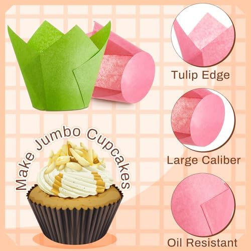 Motiskyy 300 Pcs Jumbo Muffin Liners for Baking 2-1/4" x 4" Large Tulip Cupcake Liners Greaseproof Cupcake Wrapper Paper for Weddings Birthday Christmas Anniversaries Party (Green,Red,Yellow,Pink) - Image 3