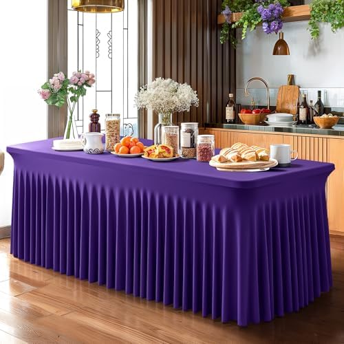 Wish Care 6 Pack Dark Purple Spandex Table Clothes for 8 Foot Rectangle Tables, 8FT Wrinkle Free Fitted Tablecloths Ruffles Design Table Cover for Party, Banquet, Wedding and Events - Image 5