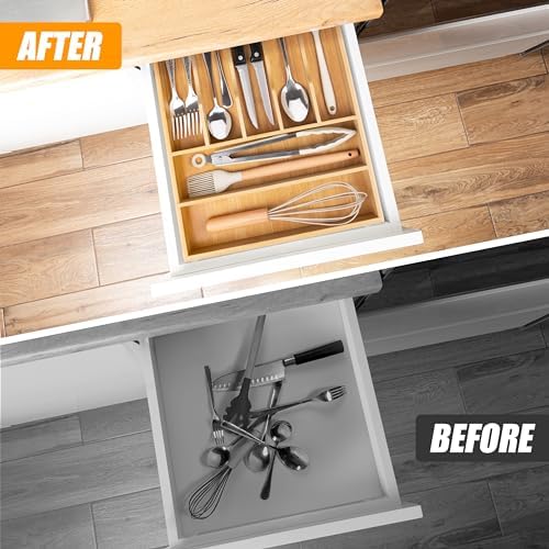 Bellsal Bamboo Silverware Drawer Organizer, Kitchen Utensil Drawer Organizers, 12"x15.7" Utensils Holder Cutlery Tray with Grooved Drawer Dividers for Kitchen Flatware Bedroom Office(7 Slot, Natural) - Image 2