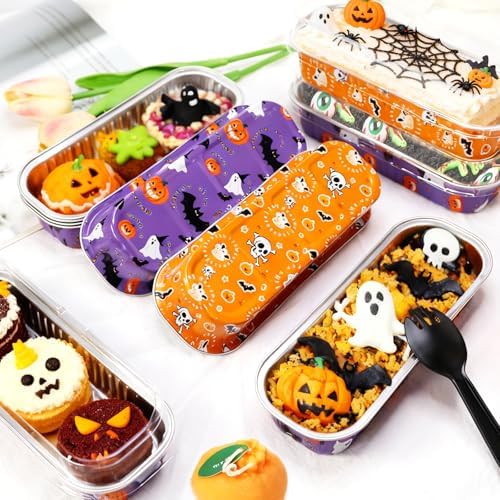 100Pack Halloween Mini Cake Pans Disposable Mini Loaf Pans with Lids and Spoons, 6.8Oz Aluminum Foil Pans Tins, Individual Dessert Cups Containers for Sales,Party,Picnics - Image 3