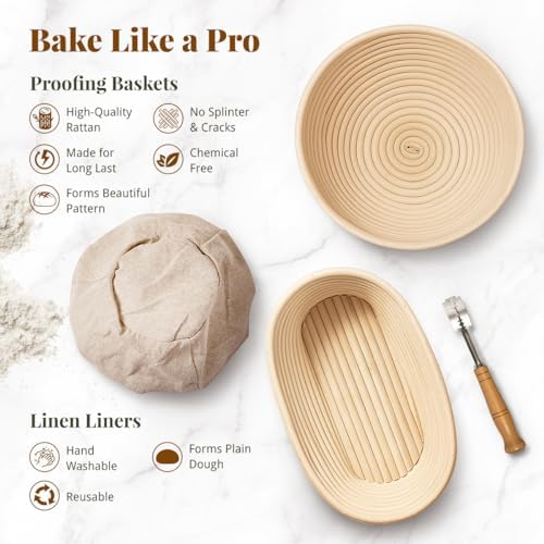 BAVIFY Sourdough Starter Kit, Banneton Bread Proofing Baskets Set | Complete Sourdough Bread Baking Supplies, Beginner Friendly Bread Making Kit, 9 in Round and 10 in Oval Rattan Banneton - Image 2