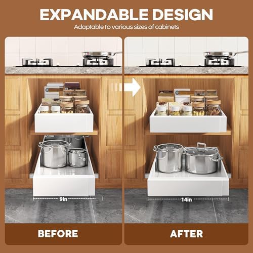 Seinloes 2 Pack Expandable Pull Out Cabinet Organizer 21" Deep with Raising Pad for Framed Cabinets,Upgrade 3 Slide Rails Slide Out Drawers,Roll Out Shelves Adhesive,Adjustable Width 9"-14.1" White - Image 3