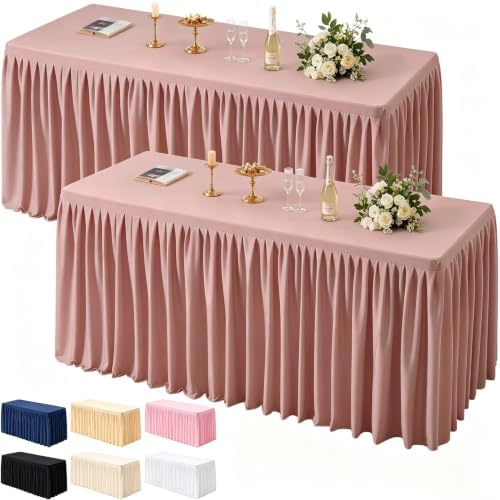 PARTISKY 2 Pack Dusty Rose Tablecloths for Rectangle Tables 4ft, Wrinkle Resistant Table Cover Fitted Stretch Table Cloth with Pleated Ruffle Skirts for Party Banquet Dining Birthday Wedding by Partisky