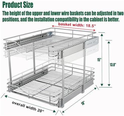 DINDON 2 Tier Pull Out Cabinet Organizer (20" W X 18" D), Double Tier Wire Basket Slide Out Shelf Storage for Kitchen Base Cabinet Organization ​for Kitchen, Pantry, Bathroom, Chrome - Image 3