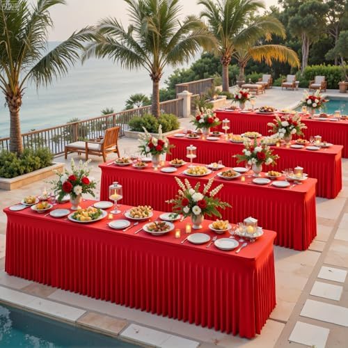 Suppromo 4 Pack 6ft Red Spandex Table Cloths for Rectangle Tables Wrinkle Free Red Tablecloths Rectangle Stretch Fitted Table Cover with Skirt for Birthday Party Baby Shower Wedding Banquet Buffet - Image 3