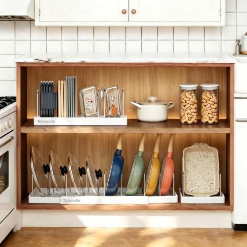 2 Pack Expandable Pots and Pans Organizer under Cabinet, Adjustable Pot Lid Organizer Rack with 9 Stainless Steel Dividers, Food Container Lid Holder for Kitchen Countertop Storage (White) - Image 6