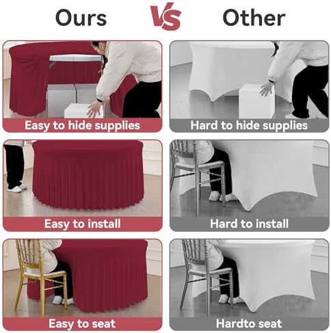 leegleri 8 Pack Burgundy 60inch Spandex Round Tablecloths, Stretchy 120inch Fitted 5FT Round Table Cloths, Wrinkle Free Table Cover with Skirt for Wedding Party Dining Banquet - Image 4