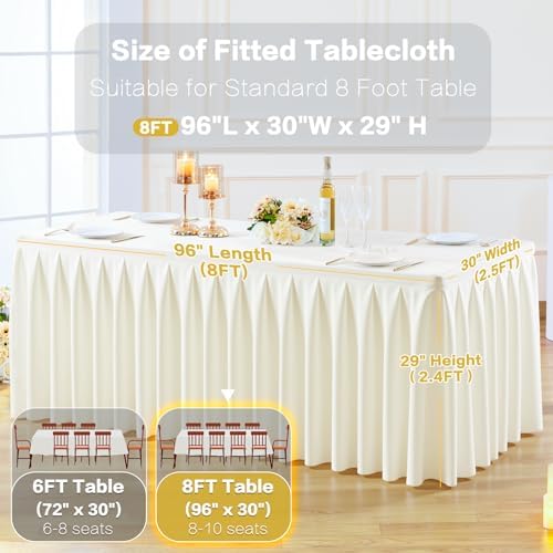 8 Pack Ivory Rectangle Tablecloth 8 FT Stretch Spandex Fitted Table Cloth for 8 Foot Rectangle Tables Banquet Tablecloths Wrinkle Free Table Cover Skirt Ruffle Tablecloth for Party Wedding Birthday - Image 7