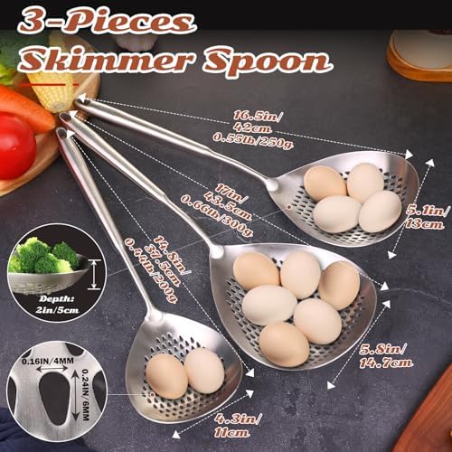 MARTE Skimmer Slotted Spoon Set of 3-304 Stainless Steel Spider Strainer Utensils Ladle Spoon with Handle for Cooking and Frying - Kitchen Pasta Strainer Colander - 14.8In,16.5In,17In - Image 2