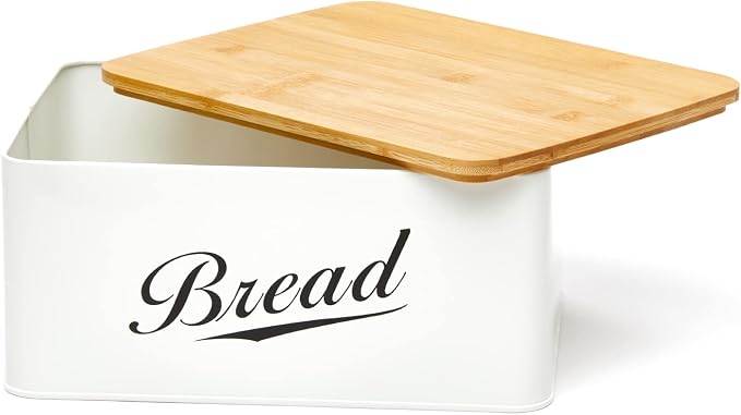 Modern Metal Bread Box with Bamboo Cutting Board Lid | Bread Storage Container for Kitchen Counter, Vintage Kitchen Decor Organizer - Image 2