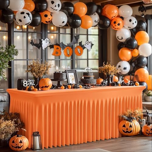 Wish Care 6 Pack Orange Spandex Table Clothes for 6 Foot Rectangle Tables, 6FT Wrinkle Free Fitted Tablecloths Ruffles Design Table Cover for Party, Banquet, Wedding and Events - Image 4