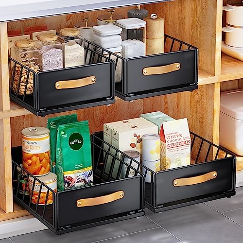 Pull out Cabinet Organizer,Heavy Duty Slide out Pantry Shelves Drawer Storage with Adhesive Nano Film,Sliding Mesh Cabinet Basket with Handle for Kitchen, Bathroom, Home, 11.8"W X 15.7"D X6.2"H,Black by Kitstorack