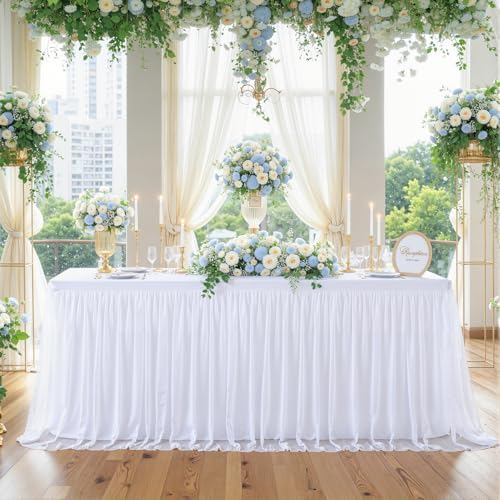 2 Pack White Tulle Tablecloths for 6 Foot Rectangular Tables, 6ft Wrinkle Free Spandex White Table Cover with Tutu Skirt for Wedding Bridal Shower Birthday Party Banquet Baby Shower Events Decorations - Image 2
