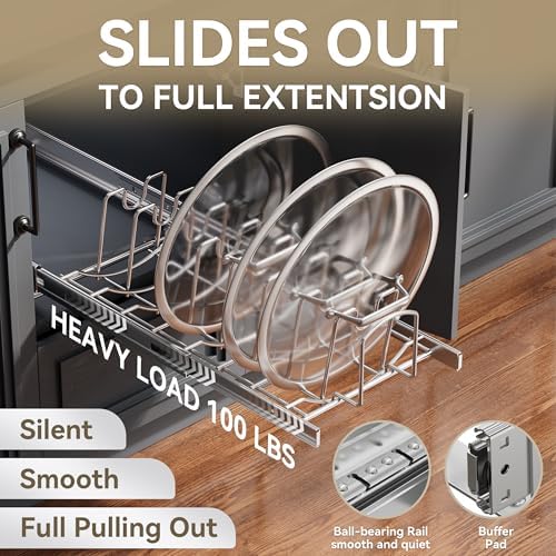 Slide Out Pot Lid Organizer Under Cabinet, Wire Dividers Kitchen Pull Out Pot Lid Storage Rack Holder, Full-Extension Rail 21" W*22" D - Image 4
