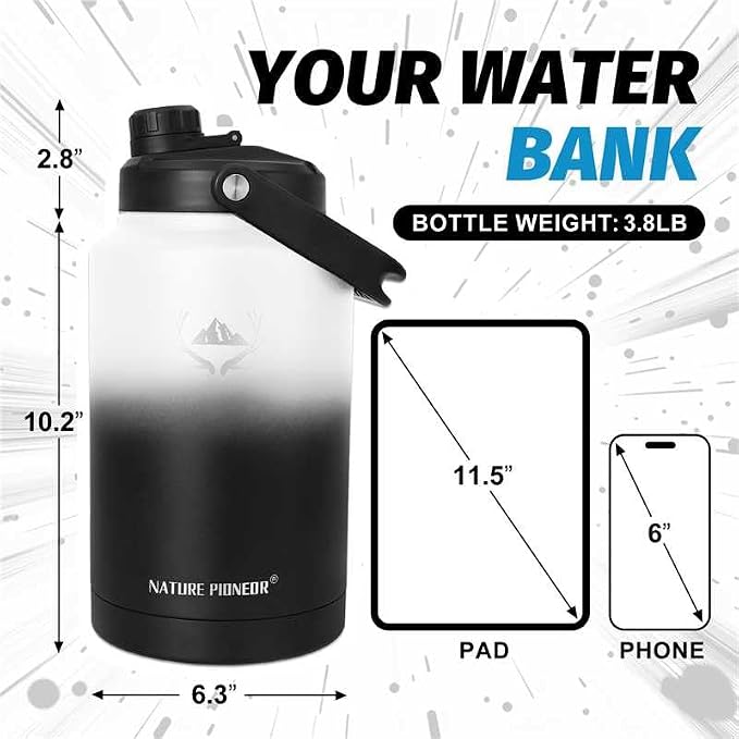 NATURE PIONEOR 1 Gallon (128oz) Insulated Water Bottle Jug with Carrier Bag | 18/8 Food-grade Stainless Steel, Double Vacuum Insulation, Wide-Mouth, Straw & Spout Lid, Strap, Camping, Hiking, Gym, Work - Image 4