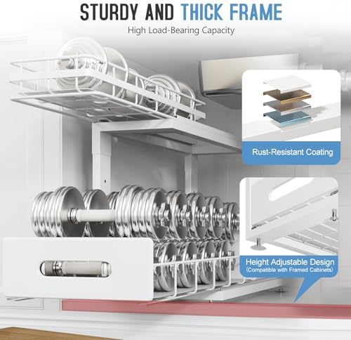 Under Sink Organizer Upgrade To Professional Rails,2-Tier Dual Pull Out Cabinet Storage,Height Adjustable Slide Out Drawers For Bathroom Kitchen,2 Pack-18.5"Dx12.8"-16.9"H,White - Image 4