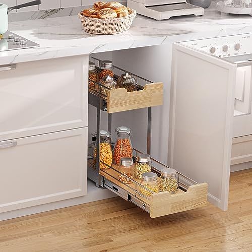 Sikarou Pull Out Cabinet Organizer,Heavy-Duty Slide Out Shelf, Wood and Wire Basket, Pull Out Drawer for for Kitchen Under Sink Space, Pantry, Bathroom, 2 Tie 9 * 21 in - Image 4