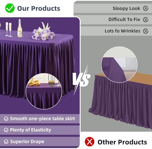 PARTISKY 1 Pack Purple Tablecloths for Rectangle Tables 8ft, Wrinkle Resistant Spandex Table Cover Fitted Stretch Table Cloth with Pleated Ruffle Skirts for Party Banquet Dining Birthday Wedding - Image 2