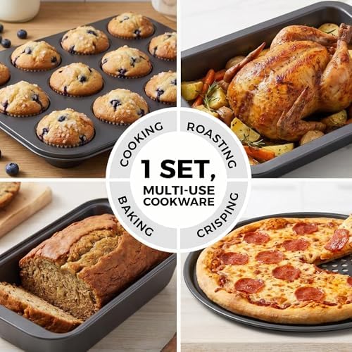PERLLI Non-Stick 8-Piece Bakeware Set – Carbon Steel with Even Heat Distribution, Oven Safe to 446°F, BPA-Free, Dishwasher Safe, Stackable Baking Tools for Easy Storage and Everyday Cooking - Gray - Image 5