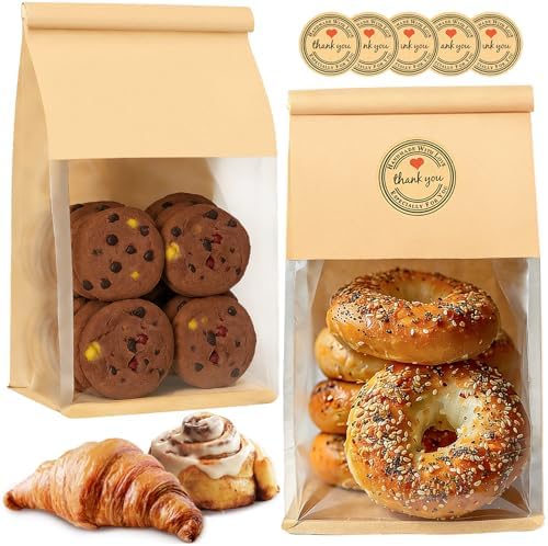 100PCS Bread Bags for Homemade Breads, 11x5.1x3.9 Inch Resealable Cookie Bags with Tin Tie Tab Lock, Paper Bakery Bag with Window for Packaging Bagels, Muffin, Scone, Brownie, Baked Goods Storage by GOULIKFUL