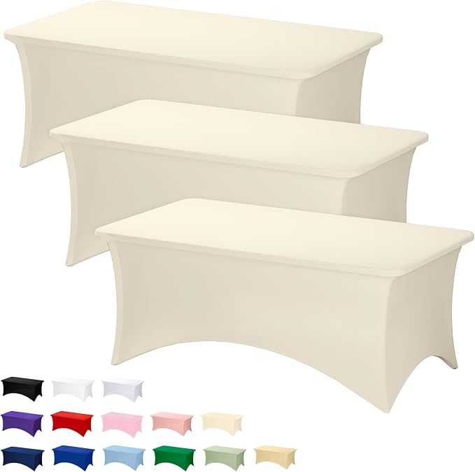 Fixwal 3 Pack 6FT Ivory Tablecloth Rectangle Spandex Fitted Table Cover by Fixwal