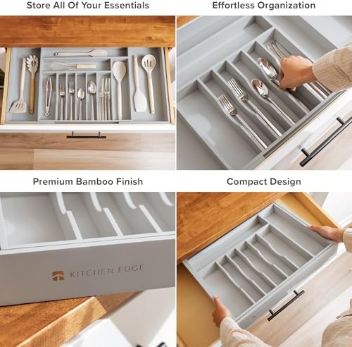 KitchenEdge Silverware & Utensil Drawer Organizer, 18-33 in, Gray Bamboo | Cutlery, flatware, food-safe contract grade, kitchen drawer fit - Image 3