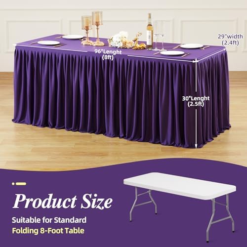 PARTISKY 6 Pack Purple Tablecloths for Rectangle Tables 8ft, Wrinkle Resistant Spandex Table Cover Fitted Stretch Table Cloth with Pleated Ruffle Skirts for Party Banquet Dining Birthday Wedding - Image 3