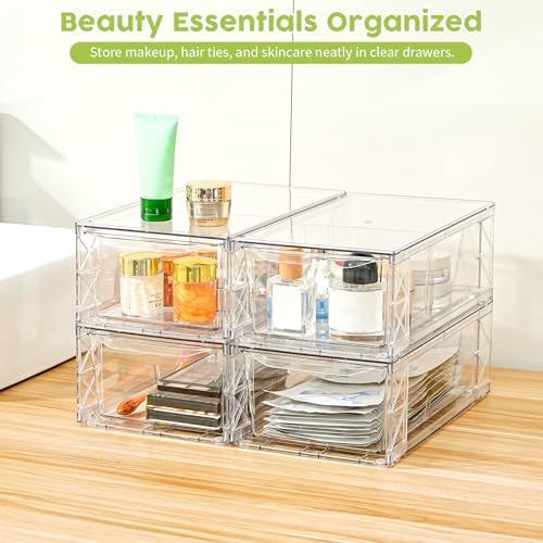 4 Pack Acrylic Storage Drawers, Clear Stackable Storage Drawers, Acrylic Organizers Drawers for Under Sink, Pantry, Bathroom, Makeup Organizers Cosmetic Display,Classroom Storage Organization, Medium - Image 6