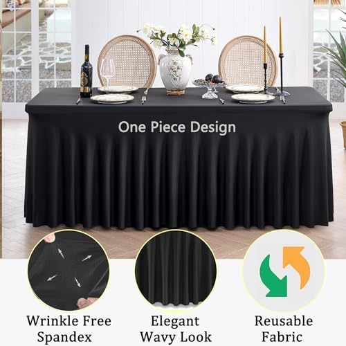 12 Pack Black Spandex Tablecloth for 6 Foot Rectangle Tables, Wrinkle Free Fitted Table Cloth Cover 6ft Black Stretchy Tablecloths with Skirt for Parties Weddings Birthday Banquet Baby Shower - Image 3
