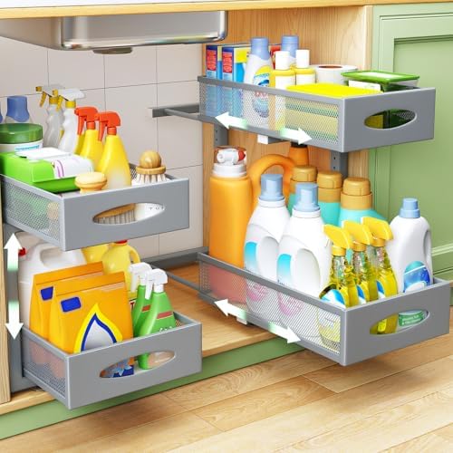2 Pack Under Sink Organizer, 2 Tier Pull out Cabinet Organizer Mesh Baskets with 5 Adjustable Heights, Sliding Drawers Storage Shelf for Home, Kitchen, Bathroom, Pantry, Office, Countertop ,Grey by Kitstorack