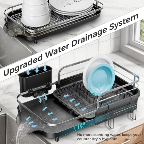 Expandable Stainless Steel Single Tier Dish Drying Rack, Auto Drain Dish Drainer for Kitchen Counter with Rotatable Multi-Slot, Drainboard, Utensil & Cutting Board Holder, 15"-22.4" Adjustable Length - Image 5