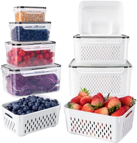 Freshmage Fruit Storage Containers for Fridge with Removable Colander 6 pcs | Airtight Food Storage Container Dishwasher Safe Produce Saver for Refrigerator Keep Berry Fruit Fresh Longer Large Clear by Freshmage