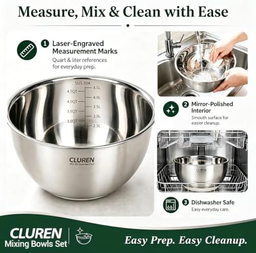 304 Stainless Steel Mixing Bowls Set, 3-Piece (1.5, 3 & 5 QT) - Image 6