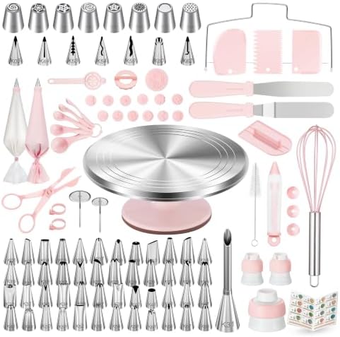 Kootek 158 Aluminum Cake Decorating Kit, Baking Tools for Beginners & Pros | Complete Kit, Smooth Rotating,Cake Stand Turntable for Decorating & Display, 64 Icing Tips, 50+2 Piping Bags, Pattern Chart by Kootek