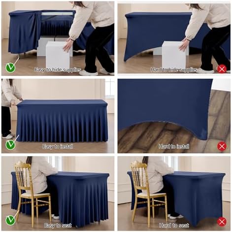 leegleri 6 Pack Navy Blue Spandex Tablecloths for 8 Foot Rectangle Tables, Wrinkle Free Fitted Table Cloths 8ft Stretchy Table Cloth Cover with Skirt for Parties Weddings Birthday Banquet Baby Shower - Image 4