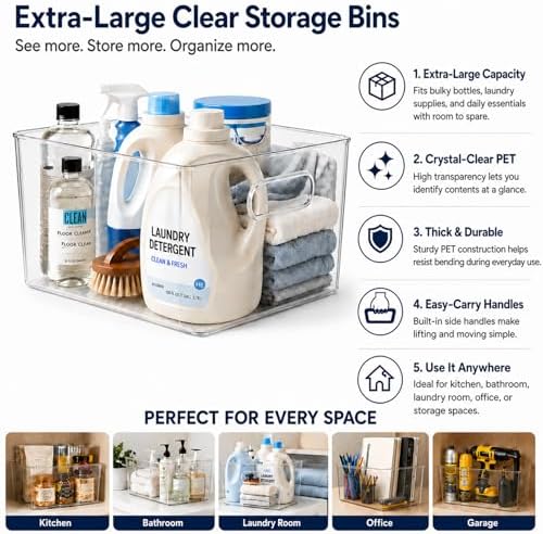 MOONEDGE 6 Pack X-Large Clear Organizer Bins 13x10x8in Storage Containers - Image 4