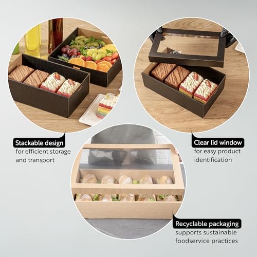 Restaurantware Cater Tek 10.2 x 6.1 x 3.2 Inch Baked Goods Boxes 10 Greaseproof Pastry Boxes - Window Lids Insert Tab Lock Black Paper Catering Boxes Easy Assembly For Charcuterie Or Cupcakes - Image 3