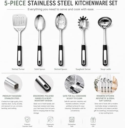 Stainless Steel Cooking Utensils Set with Ergonomic Handles.5-Piece | Includes a ladle, pasta server, turner, serving spoon and slotted spoon for versatile meal preparation. - Image 4