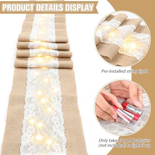 Xinnun 6 Pcs Burlap Table Runner with Lights 12 x 108 Inches Burlap Lace Table Runner Rustic Wedding Decorations Home Party (Flower) - Image 3