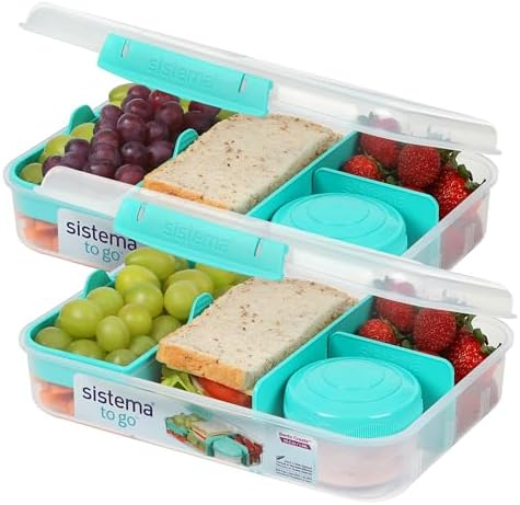 Sistema To Go 1.48L (2-Pack) Bento Box Food Storage Containers, School Lunch Boxes with Removable Dividers & Snack Pot, Two 1.48L Containers, Freezer, Microwave, & Dishwasher-Safe, BPA-Free by Sistema