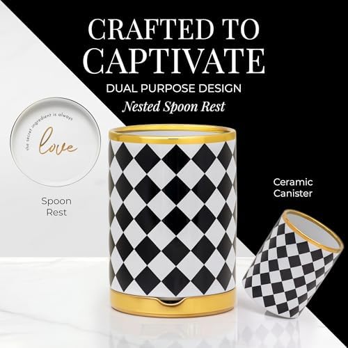 STYLED SETTINGS Black & White Checkered Utensil Holder Set | Large Ceramic Kitchen Utensil Holder for Countertop, Checkered Kitchen Decor & Organizer - Image 2