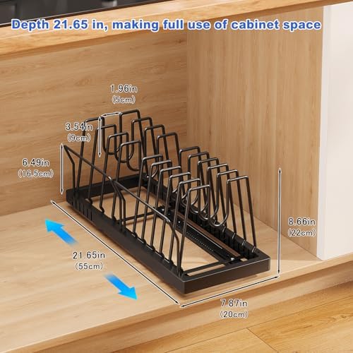 Mustorn Pots and Pans Organizer Under Cabinet, 21.6" Deep Pull Out Pot Lid Organizer Holder with Guardrail Adhesive Pot and Pan Holder Rack with 10 Adjustable Dividers-1 Pack(Black) - Image 6